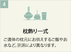 枕飾り一式
ご遺体の枕元にお供えするご飯やお水など。宗派により異なります。
